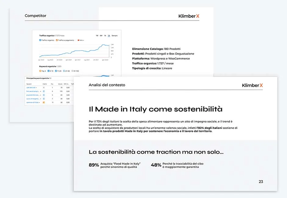 Pagine tratte da una strategia di comunicazione realizzata da Fluido Factory