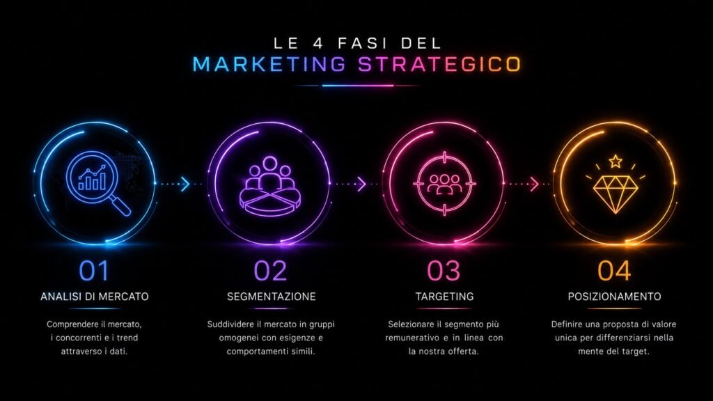 Grafico esplicativo delle 4 fasi del marketing strategico: analisi, segmentazione, targeting e posizionamento